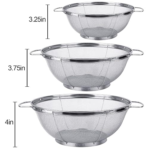 3 Pack 18/8 Stainless Steel Colander Sieves(5-Quart, 4-Quart and 3-Quart), Mesh Strainer Net Baskets with Handles & Resting Base for Strain, Drain, Rinse or Steam thumbnail 6