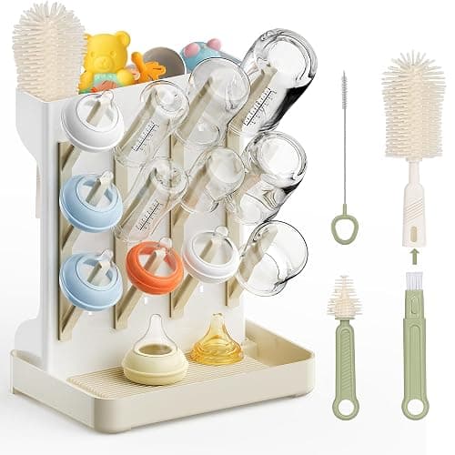 Viddett Superior Vertical Baby Bottle Drying Rack with 4-Pack Brush Set: Space-Saving Countertop Drying Rack - BPA-Free Baby Accessories Storage Stand Organizing Brushes & Pacifiers - Warm Beige - Image 1