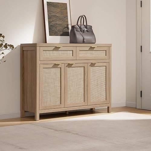 SICOTAS Rattan Sideboard Buffet Cabinet with Storage, Boho Credenza Accent Cabinet with 3 Doors and 2 Drawers, Farmhouse Console Coffee Bar for Kitchen, Living Room, and Entryway, Light Oak - Reclaimed Light Oak - 1 Piece thumbnail 8