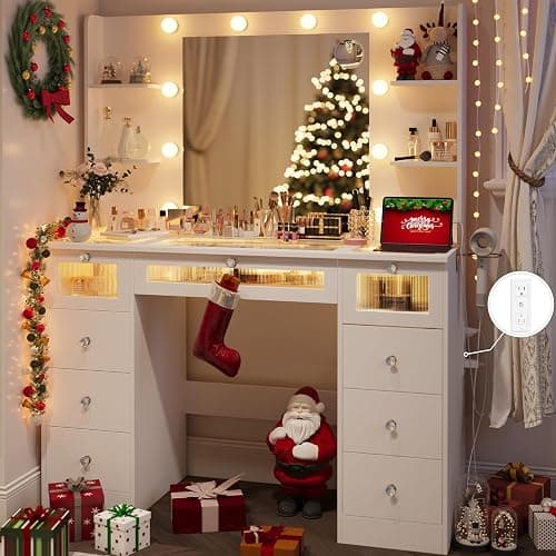 VQRhome White Vanity with Lighted 23.5” Mirror, Glass Top Vanity Desk with 9 Drawers & 3 Color Hollywood Bulbs & 4 Shelves & Acrylic & Power Outlet, Makeup Desk Dressing Table for Bedroom - Image 1