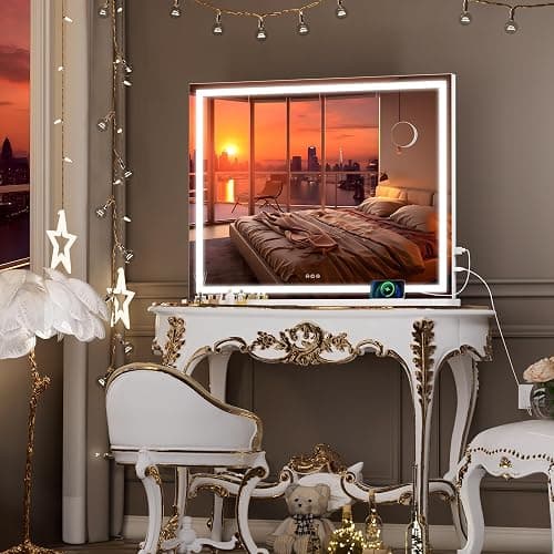 Hasipu Vanity Mirror with Lights, 47" x 30" LED Makeup Mirror, Lighted Makeup Mirror with Dimmable 3 Modes, Touch Screen Control Vanity Mirror Square White thumbnail 6
