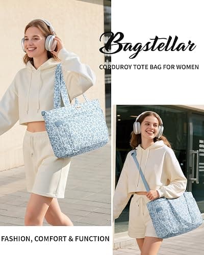 Bagstellar Corduroy Tote Bag for Women, 17 Pockets Laptop Work Tote Purse | Large 15.6” Computer Bag w/ 40oz Cup Holder & Strap, Zipper Teacher Nurse Bible Shoulder Bag for School Travel College Office thumbnail 8