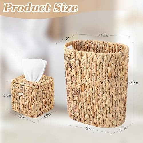 Wicker Trash Can and Square Tissue Box Cover, 4 Gallon Water Hyacinth Bathroom Trash Can, Handwoven Napkin Holder, Narrow Small Waste Basket, Rustic Decorative Home Set for Bedroom,Office (Khaki) thumbnail 2