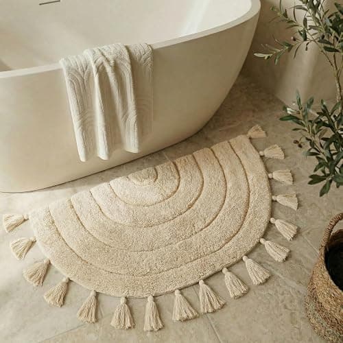 Beautiful Boho Rug with Tassels for Your Bathroom - Soft Half Circle 100% Cotton Mat Fits Perfectly Into Your Home - A Cute, Non-Slip and Absorbent Crochet Rug Ideal to Enhance Any Bath/Bedroom Decor - Image 1