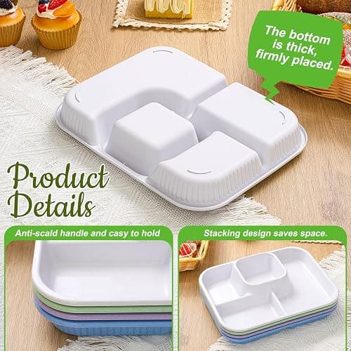 Pinkunn 8 Pcs 10'' Divided Plates Unbreakable Wheat Straw Dinnerware Lunch Trays Lightweight Reusable Plastic Compartment Microwave Dishwasher Safe Separator Plates (White, Blue, Purple, Green) thumbnail 4