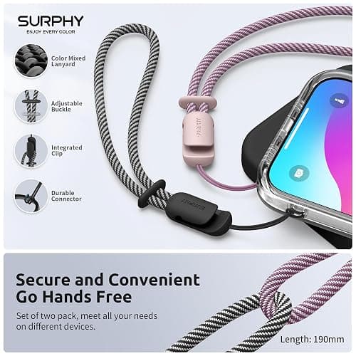 SURPHY 2 Pack Phone Lanyard for Cellphone Case, Phone Wrist Strap for Case, Cellphone Strap with 2-Color Braided, Charm Wrist Lanyard for Women and Men, Cellphone Wrist Lanyard for Women, Pink & Black thumbnail 2