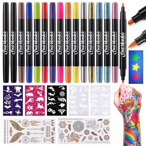 Temporary Tattoo Markers for Skin,15PCS Dual-Ended Tattoo Pen + 50 Paint Stencils + 43 Tattoos Stickers,Glitter & Matte & Neon Glow Body Marker Set, Removable Fake Tattoos Kit for Teens and Adult - Image 1