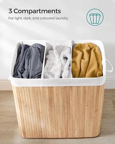 SONGMICS Laundry Basket with Lid, 150 L Bamboo, 3 Compartments | Laundry Hamper, Foldable, Removable and Machine Washable Liner Bag, for Laundry Room, Natural, RONEX Collection LCB091N01 thumbnail 7