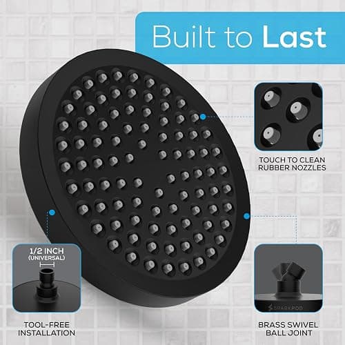 SparkPod Shower Head - High Pressure Rain - Premium Quality Luxury Design - Easy Clean Adjustable Replacement for Your Bathroom Shower Heads (Midnight Black Matte, 6 Inch Round) thumbnail 6
