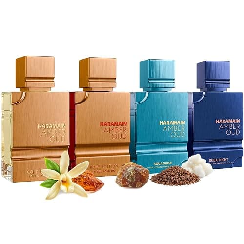 Al Haramain Amber Oud Eau de Parfum 4PC 10ML Each Mini Perfume Set for Women & Men – Cologne Gift Set, Unisex Arabian Perfume Sampler with Gold & Ruby Edition, Dubai Night and Aqua Dubai Fragrances - Image 1
