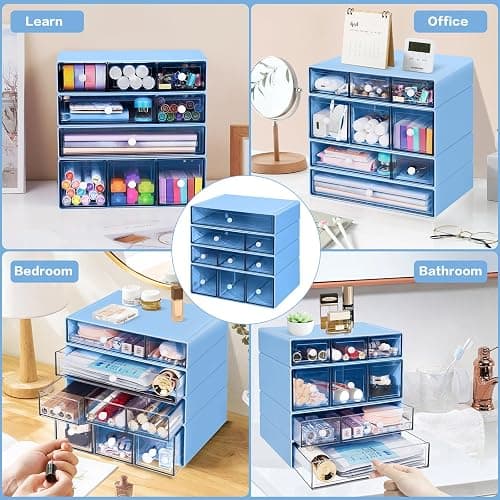 FODIENS Desk Storage Organizer with 9 Drawers, 4 Tiers Stackable Desktop Craft Storage Drawers, Clear Storage Box Caddy for Stationary Makeup Jewelry Office Craft Supplies (Blue) thumbnail 7