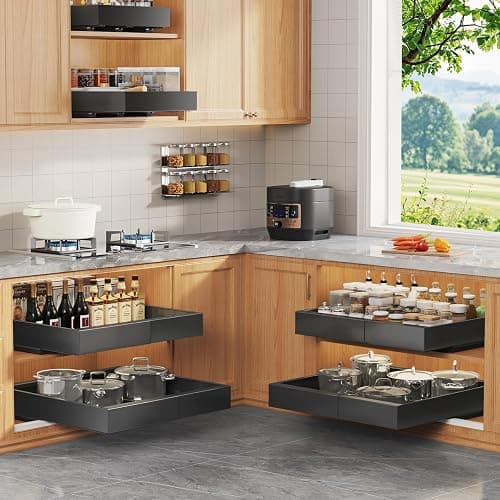 Seinloes 4 Pack Expandable Pull Out Cabinet Organizer 21"Deep With Raising Pad for Framed Cabinets,Upgrade 3 Slide Rails Slide Out Drawers,No Drill Roll Out Shelves,Adjustable Width 12.1"-20.4" Black thumbnail 7