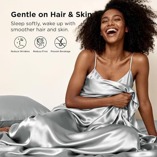 Bedsure Satin Sheets Queen Size - 4 Piece Silky Bedsheets with 15 Inches Deep Pocket Fitted Bedsheet,1 Flat Sheet, 2 Satin Pillowcases, Good for Hair & Skin (Queen, Silver Grey) thumbnail 4