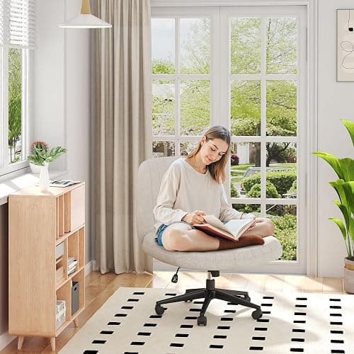 Shintenchi Criss Cross Chair,Cross Legged Office Seat with Wheels Armless Swivel Vanity Chair,Height Adjustable Wide Computer Task Seating for Home Office,Beige thumbnail 4