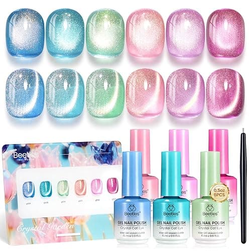 Beetles Crystal Garden Cat Eye Gel Nail Polish Set - 6 Colors 15ML Full Size Spring Gel Polish Kit Glitter Pink Blue Orange Green Magnetic Effect Soak Off UV Nail Art DIY Manicure Gifts for Women - Image 1