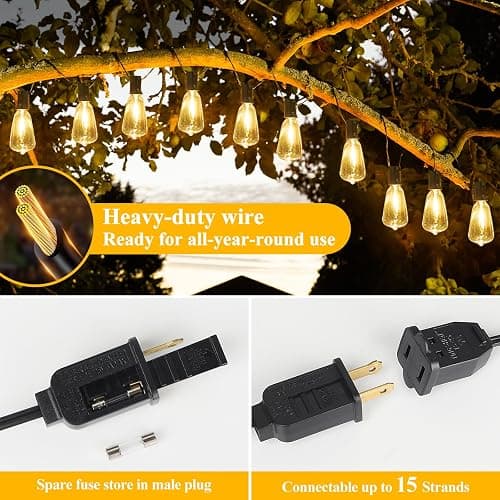Brightever LED Outdoor String Lights 100FT Patio Lights with 52 Shatterproof ST38 Vintage Edison Bulbs, Outside Hanging Light Waterproof for Porch, Deck, Garden, Backyard, Balcony, 2700K Dimmable thumbnail 6