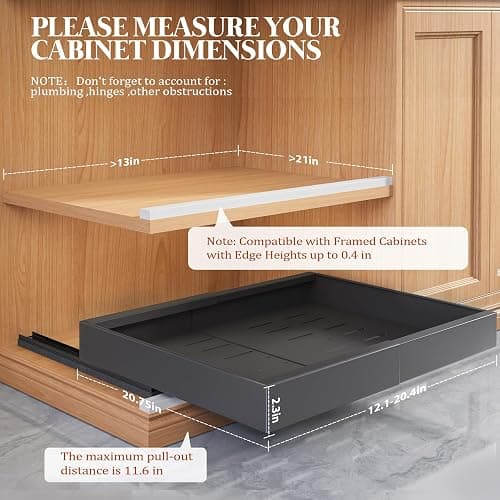 Seinloes 4 Pack Expandable Pull Out Cabinet Organizer 21"Deep With Raising Pad for Framed Cabinets,Upgrade 3 Slide Rails Slide Out Drawers,No Drill Roll Out Shelves,Adjustable Width 12.1"-20.4" Black thumbnail 2