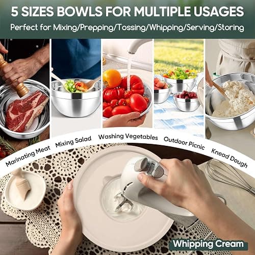 Herogo 5-Piece Mixing Bowls with Lids, 3 Grater Attachments, Stainless Steel Salad Bowls for Kitchen, Size 4.6, 3.5, 2.5, 2, 1.5QT Ideal for Baking, Prepping, Mixing and Serving, Khaki thumbnail 7