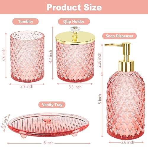 Haturi Glass Bathroom Accessories Set, Light Pink Bathroom Set, 4 Pcs | Kit w/ Bathroom Soap Dispenser Set, Toothbrush Holder, Qtip Holder, Vanity Tray, Pink Bathroom Decor, Gift for Home Apartment thumbnail 3