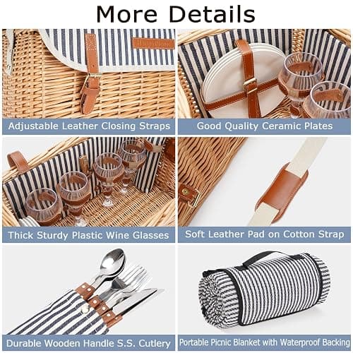 Panier de pique-nique en osier pour 4 ou 4 personnes - Kit de pique-nique en osier avec couverture, table portable en bambou pour le camping et les fêtes en plein air thumbnail 9
