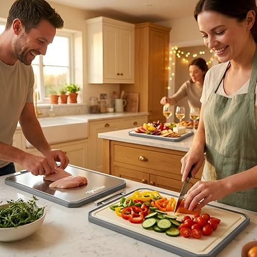 HOMEEZEE Double Sided Cutting Boards for Kitchen, Stainless Steel Cutting Board for Meat, Wheat Straw PP Large Chopping Board for Vegetables, Easy to Clean, Juice Grooves, 16"L * 11"W thumbnail 2