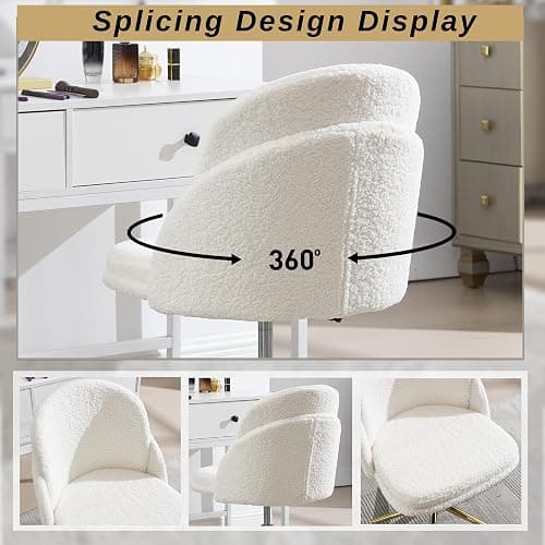 Faux Fur Desk Chair, Comfy Boucle Makeup Vanity Chair Modern Upholstered Fluffy Swivel Chair with Wheels Golden Metal Base, Height Ajdustable for Girls, Home Office Living Dressing Room Bedroom, White thumbnail 7