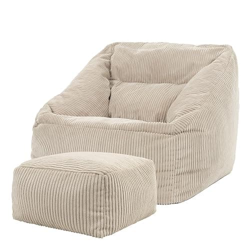Icon Natalia Sitzsack Sessel mit Hocker für Erwachsene, Beige, Flauschiger Cord Stoff, Riesen Sitzsack Cord mit Füllung, Bean Bag Chair, Bequemer Sessel Wohnzimmer, Lounge, Schlafzimmer, Büro - Beige - Sitzsack + Hocker - Image 1