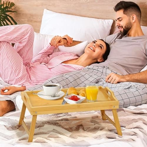 Bamboo Bed Tray Table, Folding Legs and Handles, Breakfast Tray, Laptop Desk for Bed or Sofa, Serving Tray for Eating, Working, Reading,Picnic thumbnail 6
