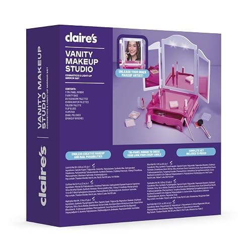 Claire's Makeup Vanity with Light-Up Tri-Panel Mirror, 13-Piece Real Cosmetic Set, Pretend Play Makeup for Kids 8-12, Girl Toys & Beauty Activity Gift with Lip Gloss, Lipstick, Nail Polish & More thumbnail 6