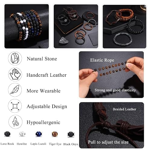 FIRAZIO Tiger Eye Bracelet For Men 8MM Natural Stone Stretch Adjustable Tree of life Leather Bracelets Mens Accessories Pulseras Para Hombres Crystal Beaded Bracelet for Men Women Gifts thumbnail 4