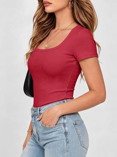 ANRABESS Women Short Sleeve Tops Scoop Neck Ribbed Knit Slim Fitted Basic Tee Shirt Casual Summer Clothes 2026 Spring Outfits thumbnail 3