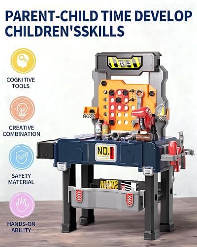 Deejoy Kids Tool Bench with Realistic and Electric Drill, Construction Workbench Toys for Toddlers 3-5, Toddler Bench Set for Boys & Girls Age 3-4 (with Work Clothes) thumbnail 6