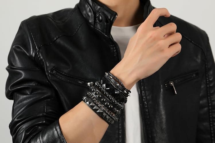 Sahoottie 4Pcs Studded Bracelet for Men Women 80s Spike Punk Cuff Grunge Bracelet Adjustable Emo Punk Rock Leather Goth Jewelry Halloween Accessories thumbnail 2
