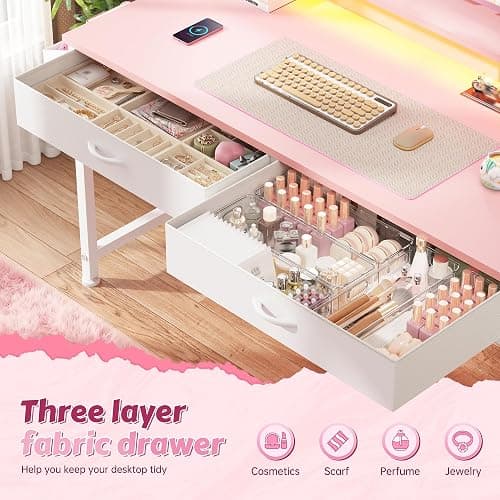 DurayLoly 31Inch Small Computer Desk with LED Lights & 2 Fabric Drawers, Gaming Desk with Side Pocket & Ergonomic Monitor Stand, Small Space Study Writing Table with Anti-Tip Design,Pink thumbnail 3