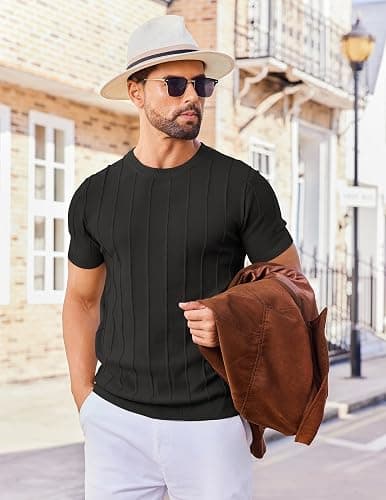 COOFANDY Men's T- Shirts Short Sleeve Knit Sweater Shirt Casual Crewneck Ribbed Pullover Tees thumbnail 4