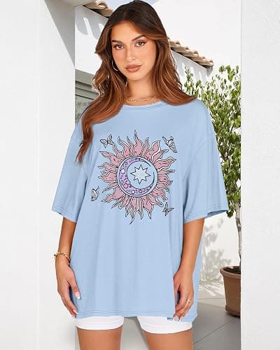 Womens Oversized Tshirt Graphic Tees Crew Neck Summer Short Sleeve Loose Fit Tops - Large - Blue Sun Moon Butterfly thumbnail 2