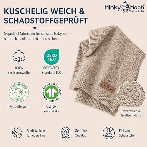 Minky Mooh® - Babydecke aus 100% Bio Baumwolle (Öko-Tex 100) Gr. 94x72cm Taupe - Baby & Kuscheldecke Geschenk für Neugeborene zur Geburt Erstausstattung - Pucktuch & Baumwolldecke Mädchen & Jungen thumbnail 3