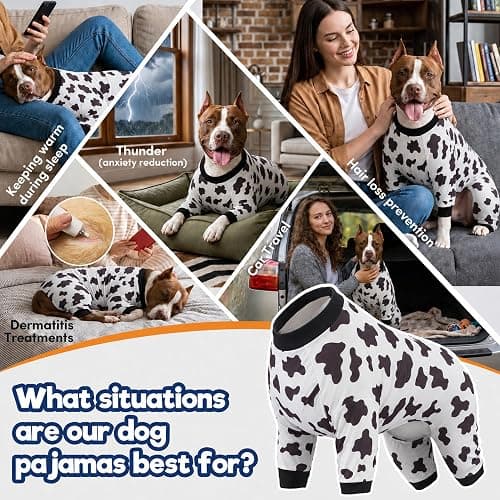 LovinPet Large Dog Pajamas, All-Season Animal Print, White, XL | 4-Leg Cotton Blend Bodysuit; Ribbed Cuffs; Warm Pajamas for Pitbulls and Big Breeds; Black; Large Breed Dog Jammies thumbnail 5
