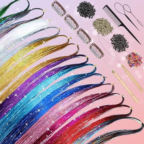 Aokomisu Hair Tinsel, 18 Colors 7800 Strands 48 Inch Glitter Tinsel Hair Extensions Kit Heat Resistant Daily Use Festivals Shiny Fairy Hair Accessories for Girls Kids Women (18 Colors) thumbnail 5
