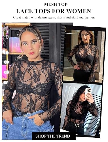 Avidlove Women's Mesh Top Long Sleeve Mock Neck Sheer Blouse See Through Floral Lace Tops thumbnail 5