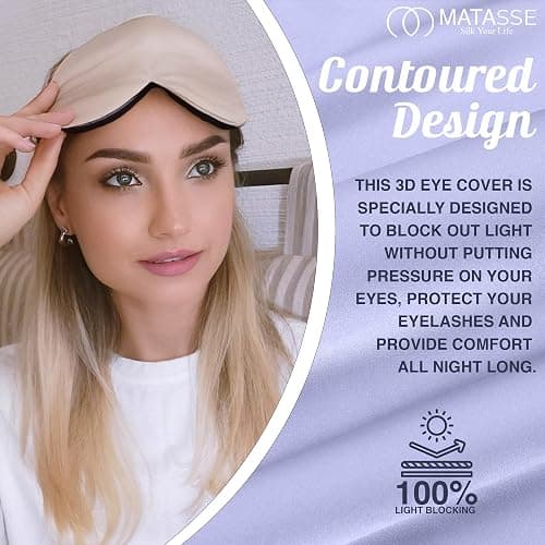 MATASSE Silk Eye Mask for Sleeping with Adjustable Elastic Band - 3D Contoured, Eye Cover Sleep Mask w/Genuine Mulberry Silk Including The Strap for Women, Men (Champagne/Black) thumbnail 2