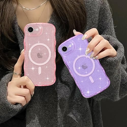 Pepmune Magnetic for iPhone 17e/16e Case Clear, Sparkly Bling Glitter Cute Curly Wave Transparent Cover for Women Girls Compatible with MagSafe TPU Shockproof Phone Case for iPhone 16e/17e, Purple thumbnail 7
