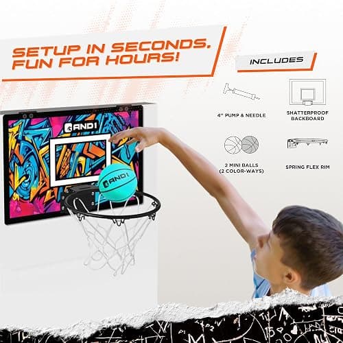 AND1 Over the Door Mini Basketball Hoop: 18x12 Shatterproof Backboard, 2 Mini Basketballs, and Hand Pump Included- Ultimate Indoor Basketball Accessory for Kids and Adults, No Tools Required thumbnail 7