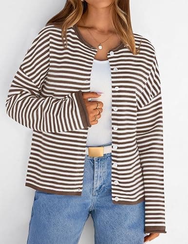 MEROKEETY Womens Striped Cardigan Sweaters 2026 Button Lightweight Long Sleeve Loose Knit Fall Sweater Clothes thumbnail 9