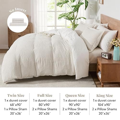 MILDLY Jacquard Stripe Duvet Cover - 100% Washed Cotton Light Khaki Boho Textured Comforter Cover 3pcs with Zipper Closure 90"x90" thumbnail 5