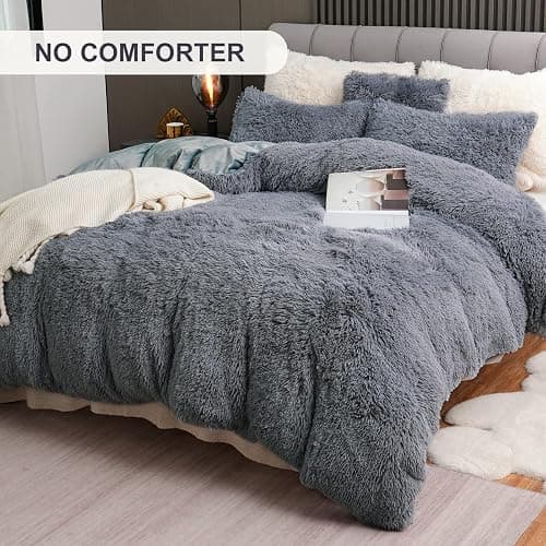 Fluffy Plush Duvet Cover Set , Luxury Ultra Soft Velvet Fuzzy Comforter Cover Bed Sets 4Pcs(1 Faux Fur Duvet Cover + 2 Pillow Cases + 1 Cover) Zipper Closure (Queen, Dark Gray) thumbnail 2