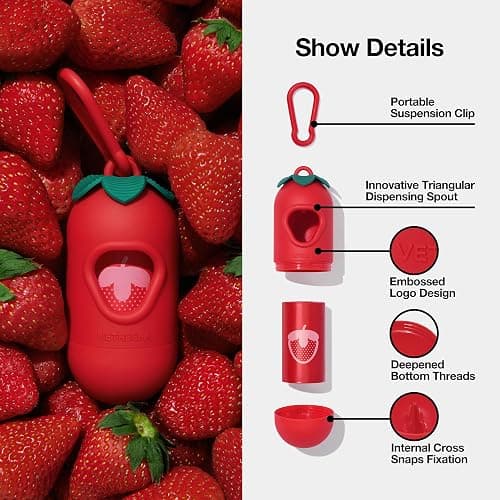 VETRESKA Dog Poop Bag Dispenser with Strawberry Scented Bags, Leak Proof, Extra Thick and Large Pet Waste Bags,1 Count Bag Holder and 405 Bags (27 Refill Rolls) for Walking Dog and Cats Litter, Red thumbnail 6
