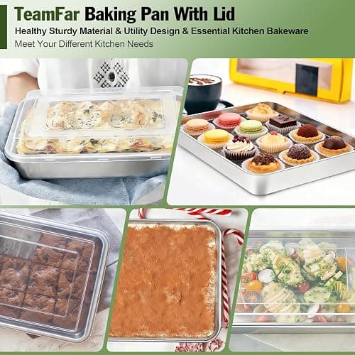 TeamFar Lasagna Pan, 12.3’’ x 9.75’’ x 2’’ Stainless Steel Rectangular Cake Brownie Baking Pan with Lid, Non-Toxic & Heavy Duty, Brush Surface & Deep Side, Dishwasher Safe-2 Pans+2 Lids thumbnail 6