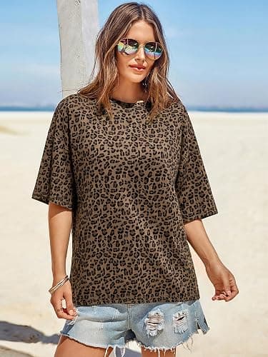 Tankaneo Womens Oversized T-Shirts Summer Casual Short Sleeve Loose Fit Top | Baggy, Boxy, Crew Neck, Flowy Shirt, Side Slit, Solid Color, Striped, Leopard Print, Cute, Going Out thumbnail 2
