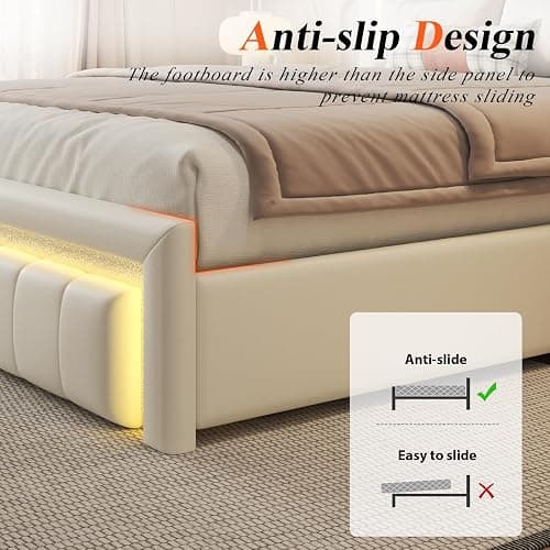 Full Bed Frame with Charging Station, Storage Drawers, Upholstered White | Platform Bed with LED Lights, PU Leather, Adjustable Headboard, Heavy Duty Metal Slats, No Box Spring Needed, Noise-Free thumbnail 10